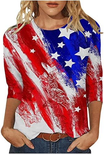 TIFZHADIAO 4th Temmuz Amerikan Bayrağı Gömlek Kadınlar için Şık Rahat 3/4 Kollu Vatansever Grafik Tees Yıldız Çizgili Baskı Tops