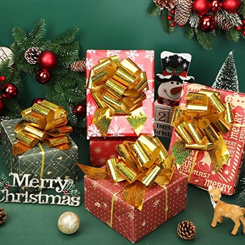 24 Adet Altın Hediye Yayları 6 İnç Metalik Sarma Noel Hediyesi için Kurdele ile Çekme Yayları Çiçekçi, Buket Sepet Paketi Dekorasyon