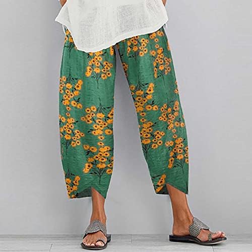 Kadın kapri pantolonlar, Pamuk Keten Elastik Bel Geniş Bacak Gevşek Fit Yoga Kapriler Rahat Çiçek Kırpılmış Pantolon Bayan