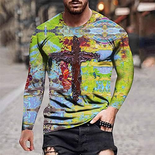 ZDDO Güz Erkek Asker Uzun Kollu Tişörtleri, 3D Sokak İsa Çapraz Baskı Vintage Tee Üstleri Rahat Atletik Kas T Shirt