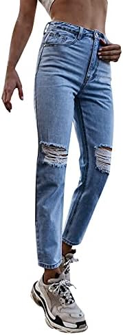 LARIAU Kot Kadınlar ıçin Yüksek Bel Ince Delik Elastik Cep Düğmesi Y2K Yırtık Kot Pantolon Pantolon
