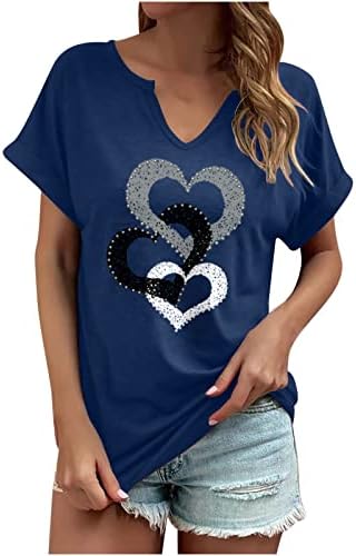 Aşk Grafik Üstleri Bayan Sonbahar Yaz Kısa Kollu V Boyun Spandex Brunch Taklidi Üstleri T Shirt Bayan Giyim