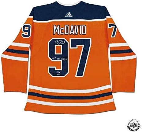 Connor McDavid İmzalı ve Yazılı “41 G, 67 A, 108 Puan” Edmonton Oilers Turuncu Adidas Otantik Forma-Üst Güverte İmzalı NHL Formaları