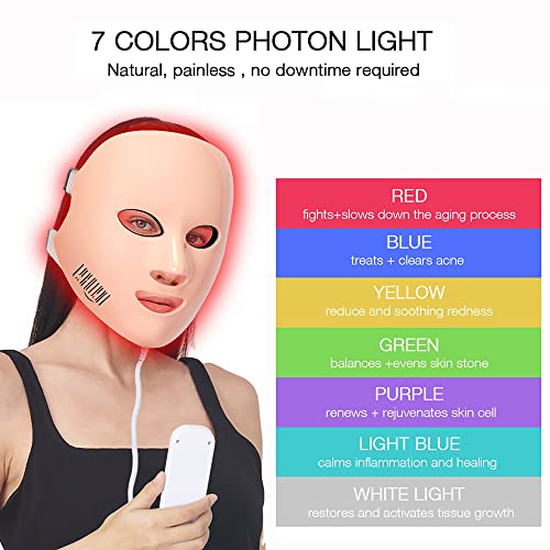 NEWKEY LED yüz maskesi ışık terapisi, Yüz kırışıklıkları akne için kırmızı mavi ışık terapisi maskesi, 7 Renk Led maske terapisi yüz,