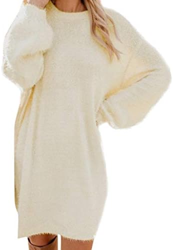 LATİNDAY ◆ Kadın Polar Uzun Kazak Elbise Crewneck Kazak Casual Uzun Kollu Bodycon Mini Kazak Elbise