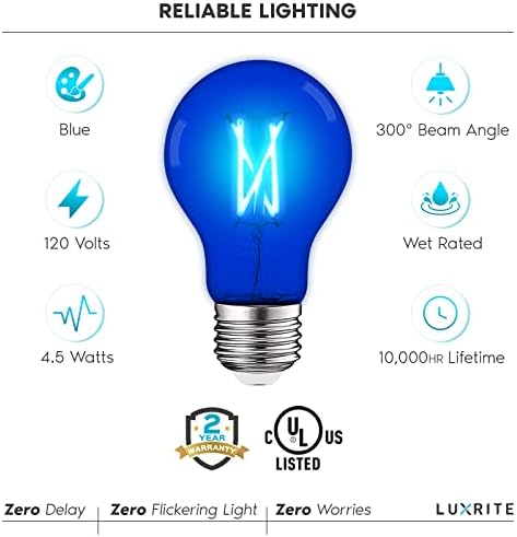 LUXRİTE A19 Edison LED Mavi Ampul, 4.5 W (60W Eşdeğeri), Renkli Cam Filament, UL Listeli, E26 Standart Taban, İç Mekan Dış Mekan, Sundurma,