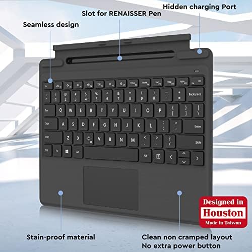 Houston'da Tasarlanan Surface Pro 9/8/X için RENAİSSER Pelican K8 Klavye, Gizli Şarj Portu, Kalem Yuvası Kalemler, Akıllı Güç Yönetimi,