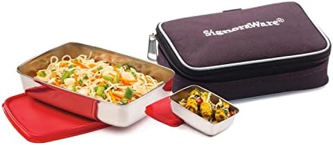 Çanta ile Signoraware Kompakt Çelik Küçük Öğle Yemeği Kutusu,550ml + 150ml, 1 Set, Kırmızı