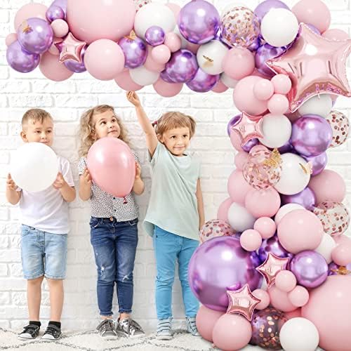 RUBFAC 176 adet Pembe Mor Balon Çelenk, Kelebek Süslemeleri ile Kız için Bebek Duş Süslemeleri Doğum Günü Partisi için Folyo Balonlar