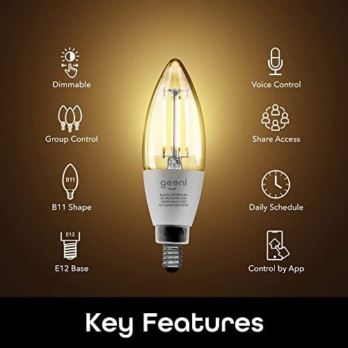 Geeni LUX Edison B11 Filament WiFi LED Akıllı Ampul, B11 Şamdan, 4W, E12 Taban, Kısılabilir, Beyaz ışık, Alexa ve Google Home ile Uyumlu-Hub