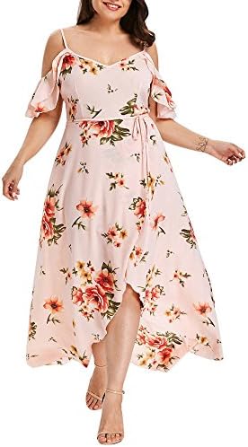 Kadın Artı Boyutu Elbiseler Soğuk Omuz Cami Maxi uzun elbise Çiçek Baskı Bohemian Sundress Boho Casual Yüksek Düşük Bölünmüş Elbise