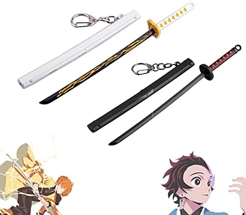 2 Adet Mini Oyuncak Katana Anahtarlık, Kamado Tanjirou Kılıç Kın Anahtarlıklar, 2 Nesil Sunwheel Kılıç, Mini Oyuncak Metal Model Katana