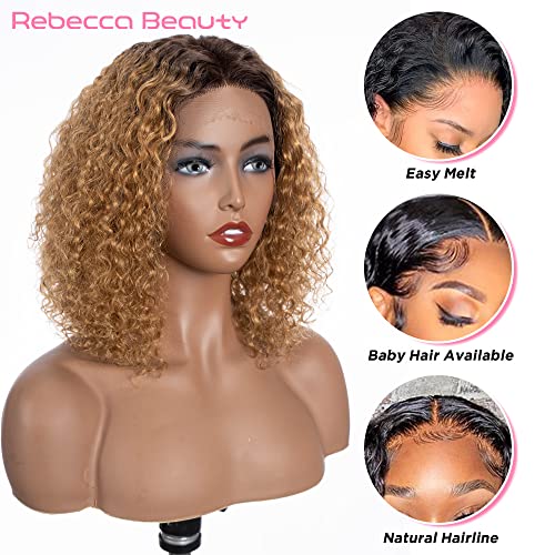 Rebecca Güzellik Kısa Kıvırcık dantel ön peruk insan saçı, Bal Sarışın Ombre Jerry Kıvırmak Bob Peruk Siyah Kadınlar için 10 İnç, orta