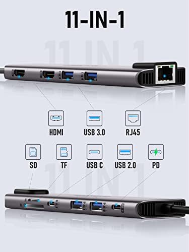 Lemorele 11 in 1 USB C Dizüstü Yerleştirme İstasyonu Çift Monitör Hub Adaptörü w/2 HDMI 4 K, 100 W PD, Ethernet, SD / TF, 2 USB 3.0,