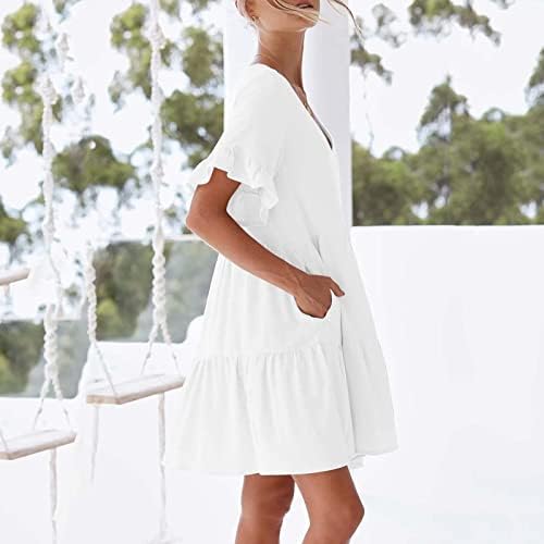 TIFZHADIAO Kadın Yaz Tunik Elbise Fırfır Pileli Mini Elbise V Boyun Rahat Gevşek Flowy Salıncak Shift Elbise ile Cepler