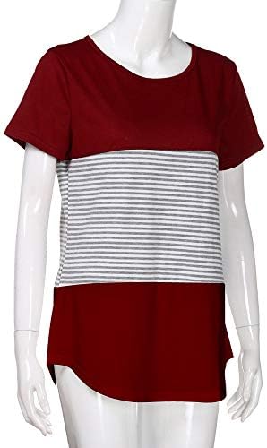 JFLYOU Kadın T-Shirt, Moda Kısa Kollu Üçlü Renk Blok Şerit Casual Bluz Tunik Tee (Kırmızı, L)