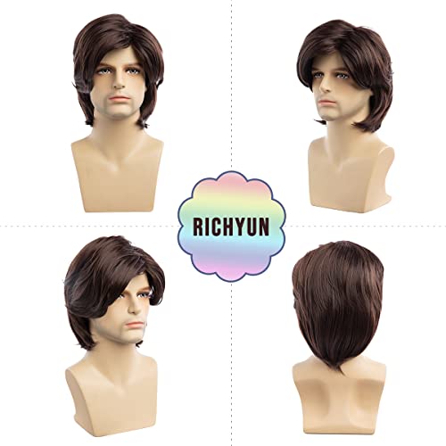 RicHyun Kısa Kahverengi Peruk Erkekler için Kısa Katmanlı Koyu Kahverengi Peruk Doğal sentetik saç Peruk Günlük Kostüm Cadılar Bayramı