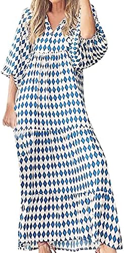 Bohemian Elbise Kadınlar için 3/4 Kollu Casual Maxi Elbise Çiçek V Yaka Puf Kollu Plaj Katmanlı Sundress Uzun askı elbise
