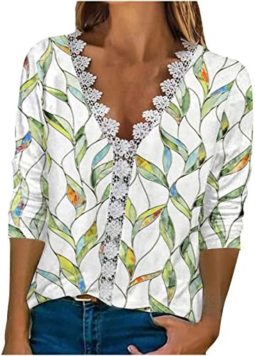Kadınlar için rahat Tunik Üstleri Şık V Boyun Dantel Trim T Shirt Moda Çiçek Baskılı 3/4 Kollu Bluz yazlık gömlek