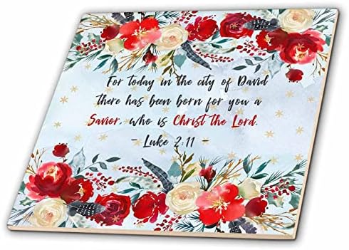 3dRose Şenlikli çiçekler, Mavi Fayanslarda Mesih'in doğumuyla ilgili İncil'den alıntı (ct-361444-1)