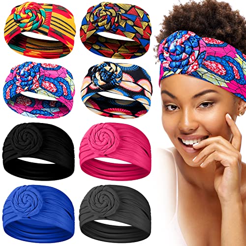 8 Adet Afrika Kafa Bandı Elastik Boho Baskı Bandı Spor Kafa Bandı Bükülmüş Geniş Düğümlü Headwrap Siyah Kadınlar için (Zarif Stil)