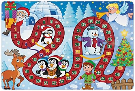 Lunarable Masa Oyunu Yiyecek ve Su için Evcil Hayvan Matı, Noel Baba Karikatür Melek Kardan Adam Penguenler Elf ile Noel Temalı Kompozisyon,