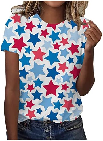 Bayan Yaz Üstleri 2023 Rahat Şık 4th Temmuz Gömlek Kısa Kollu Crewneck T Shirt Amerikan Bayrağı Grafik Gevşek Sevimli Tees
