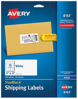 Avery 8163 Mürekkep Püskürtmeli Etiketler, Nakliye, Kalıcı, 2 inç X 4 inç, 250 / Pk, Biz