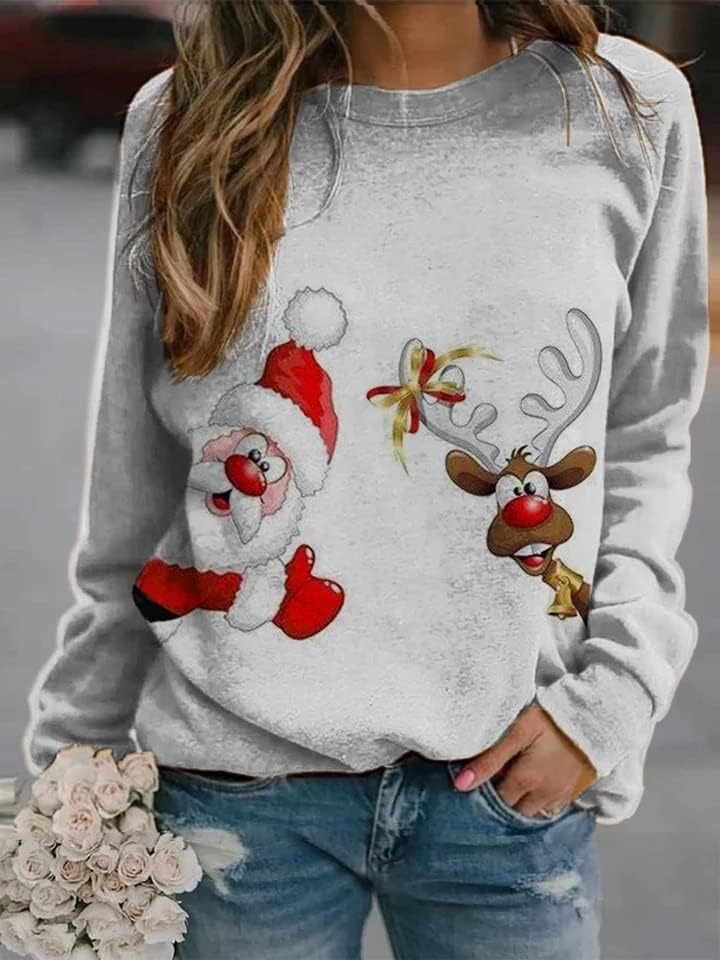 Noel Tişörtü Kadınlar İçin svetşört Polar Astar Uzun Kollu Noel Üst Ekip Boyun Bluz Jumper ( Renk: A )