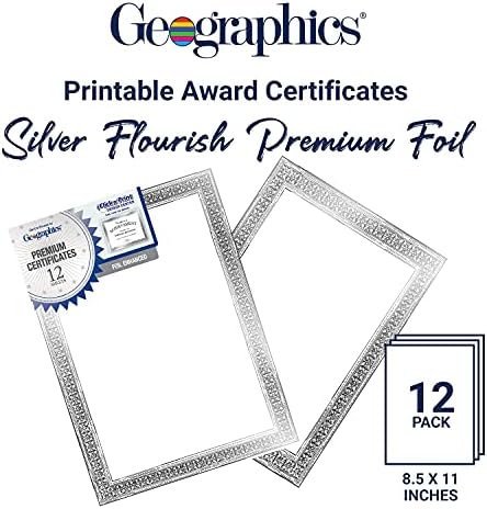 Geographics Boş Ödül Sertifika Kağıdı, 8. 5x11, Premium Gümüş Folyo ve Gümüş Güzelleşmek Sınır Tasarımı (12'li Paket)