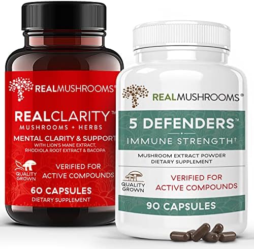 Gerçek Mantarlar RealClarity (60ct) ve 5 Defenders (90ct) Kapsül Paketi-Zihinsel Netlik, Odaklanma ve Bağışıklık Gücü için Mantar Takviyesi-Vegan,