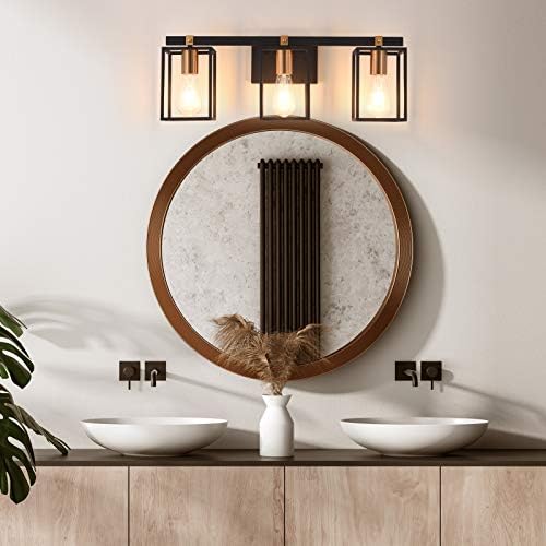 Lıwuu Modern endüstriyel banyo Vanity ışık fikstür 3 ışıkları siyah ve antik pirinç altın Metal kafes çiftlik rustik duvar aplik aydınlatma