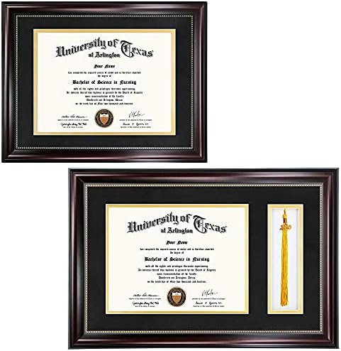 GraduationMall 8. 5x11 Diploma Çerçeve ile Mat ve 8. 5x11 Diploma Çerçeve ile Püskül Tutucu Paket | Gerçek Cam / Maun ile Altın Boncuk