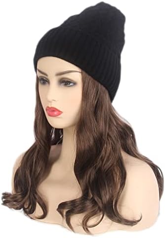 DOBA Peruk Kadın Uzun Saç Hood ile Siyah Örme Şapka Peruk Uzun Kıvırcık Kahverengi Peruk Şapka Bir
