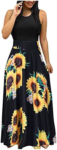 Boho Sundress Kadınlar için Katı Çiçek Baskı Ekleme Maxi Elbise Moda askı elbise Kolsuz Casual Uzun Elbiseler