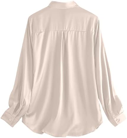 Kadın Rahat Saten İş Bluz Uzun Kollu Düğme Aşağı Gömlek Yaka V Boyun Düz Renk Gevşek Temel Üstleri cepler ile