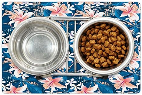 Yiyecek ve Su için Lunarable Yaprak Pet Mat, Singapur Plumeria ve Tropikal Ebegümeci Hawaii Çiçekleri Grunge Tasarım, Köpekler ve Kediler