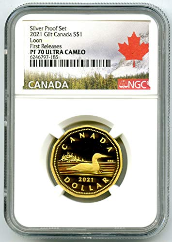 2021 Kanada Gümüş Kanıtı Loonie Doları .9999 İnce Yaldızlı Altın Loon ilk olarak UCAM $1 PF70 NGC'Yİ piyasaya SÜRDÜ