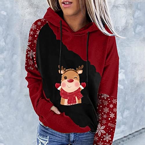 Noel Hoodies Kadınlar için Sevimli Kardan Adam Kazak Rahat Colorblock Uzun Kollu Kapüşonlu Sweatshirt Bluz Cep