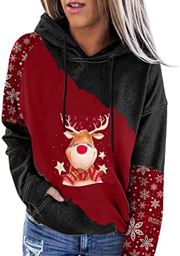 XINSHIDE Noel Hoodies Kadınlar için Sevimli Ren Geyiği Baskı Kazak Noel Colorblock Uzun Kollu Kapşonlu Hoody Bluz Cep