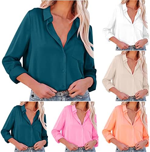 Kadın Rahat Saten İş Bluz Uzun Kollu Düğme Aşağı Gömlek Yaka V Boyun Düz Renk Gevşek Temel Üstleri cepler ile