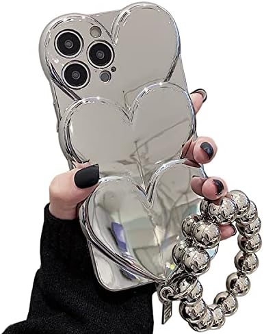 Espumoso Sevimli Kılıf iPhone 13 Pro Max Kılıf 6.7 ile uyumlu, Güzel Bilezik Zinciri ile 3D Gümüş Karikatür Kalp Kılıfı Kamera Koruyucu