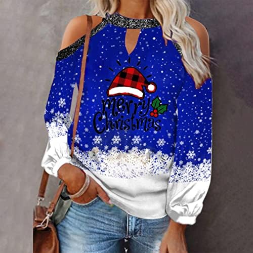 NOKMOPO Noel Fırçalayın Üstleri Kadın kadın Gevşek Moda Noel Baskı Seksi Straplez Uzun Kollu Asılı Boyun T-Shirt