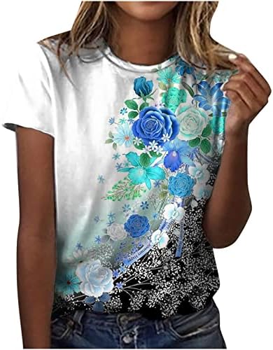 Açık Mavi Kadın Kısa Kollu Bluzlar Çiçek Grafik Gevşek Fit Tops Gömlek Ekip Boyun Rahat Yaz Sonbahar Bluzlar Giyim 6Q L