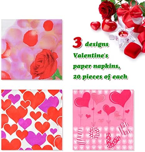 ASTARON 60 adet Sevgililer Günü Peçeteleri 13× 13, Sevgililer Günü Parti Malzemeleri için Tek Kullanımlık Kağıt Kokteyl Peçeteleri,