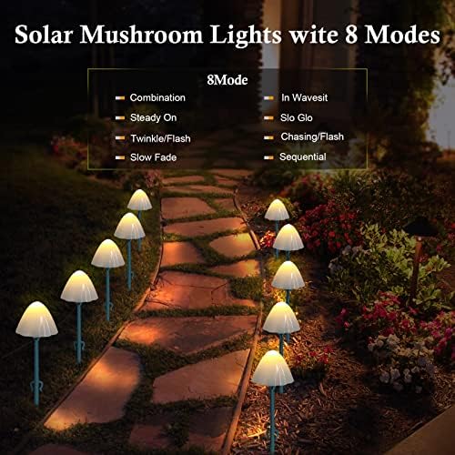 SoulBay peri bahçe mantar güneş ışıkları, 12 adet Açık güneş enerjili IP65 Titrek LED mantar ışıkları Alacakaranlıkta Şafak Sensörü