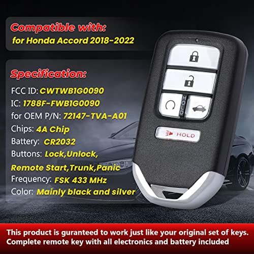 Aıchıyu Anahtarsız Giriş Akıllı Yakınlık Uzaktan Anahtar Fob 5 Düğmeler 433MHz Kontrol Verici Anahtarlık Honda Accord 2018 2019 2020